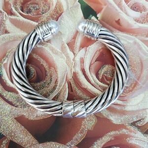 David Yurman Silver 10MM Twisted Cable Bracelet with Pearl Accents